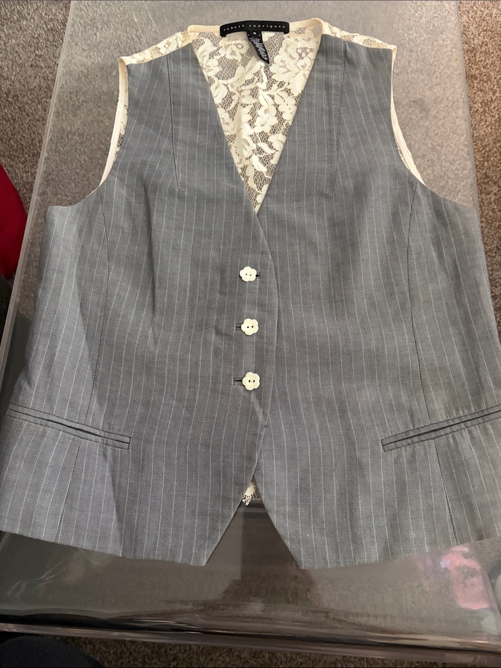 Robert Rodriguez Lace-Back Pinstripe Vest in Gray and Cream